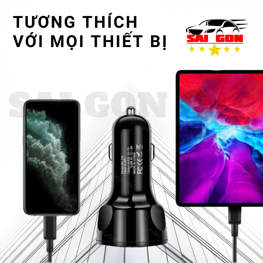 Tẩu sạc nhanh ô tô chia 4 cổng sạc, có tích hợp đèn led, hỗ trợ sạc nhanh QC 3.0, điện áp đầu vào 12V đến 32V