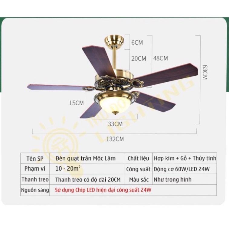 Quạt Trần Đèn Tân Cổ Điển 5 Cánh Gỗ, Động Cơ DC Lõi Đồng,Điều Khiển Từ Xa 3 Chế Độ Ánh Sáng,Đảo Chiều Hút Ẩm