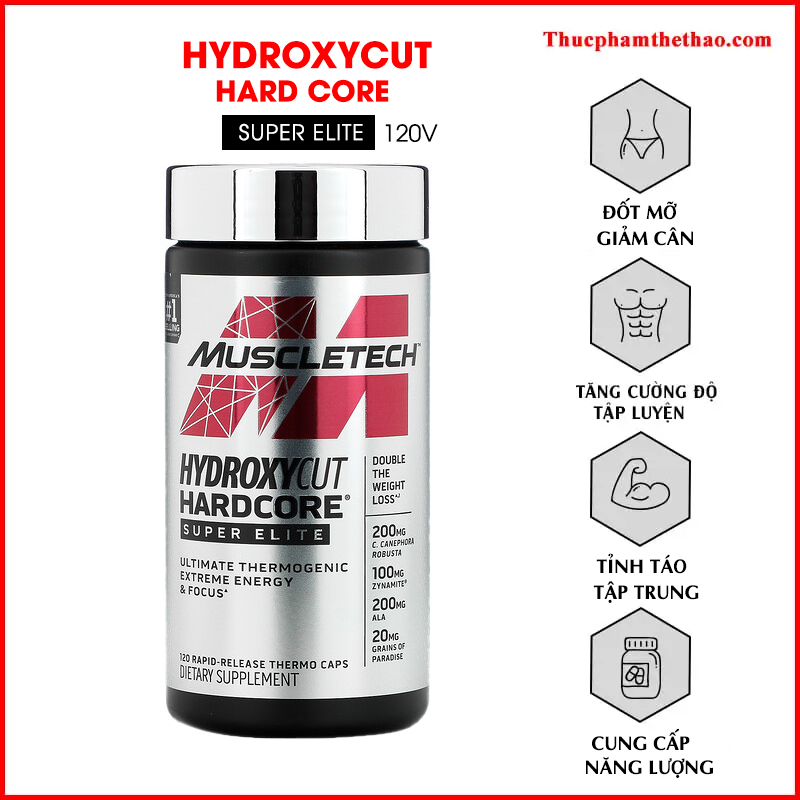 Thực phẩm bổ sung viên đốt mỡ - MuslceTech Hydroxycut Hardcore Super Elite 120 viên - Hàng Chính Hãng Muscletech - USA - Dành cho người muốn đốt mỡ thừa, đốt cháy mỡ trong quá trình tập luyện