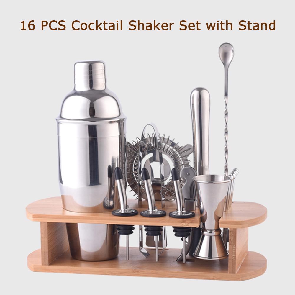 Bộ 16 món dụng cụ pha chế cocktail bằng thép không gỉ 23,7oz với đế gỗ, bộ lọc bartender