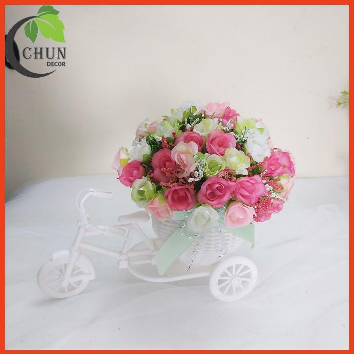 Giỏ hoa lụa - Xe đạp hoa hồng tỉ muội để bàn cao 20cm trang trí nhà cửa