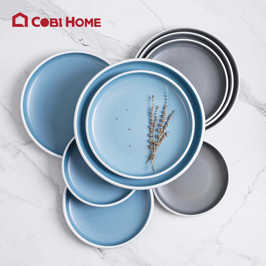 Dĩa tròn bằng melamine cao cấp màu xanh vân trắng - nhiều size