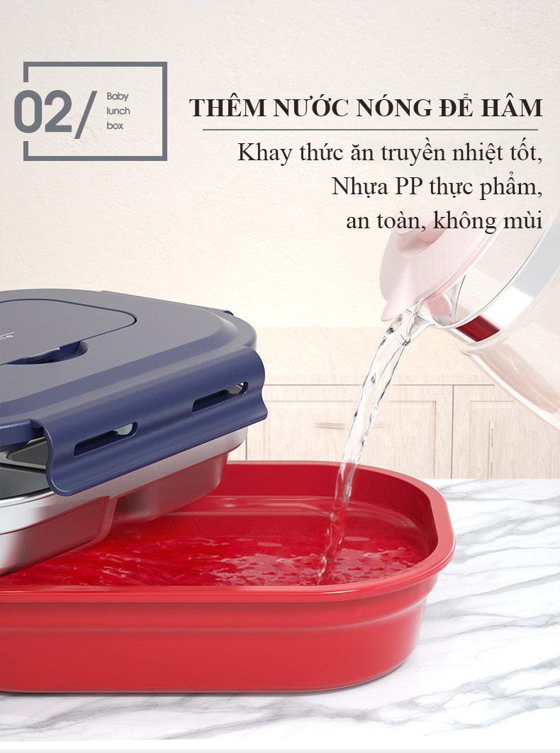 Bộ khay cơm phần giữ nhiệt 3 ngăn inox 316L có nắp đẩy kèm muỗng nĩa inox cho bé