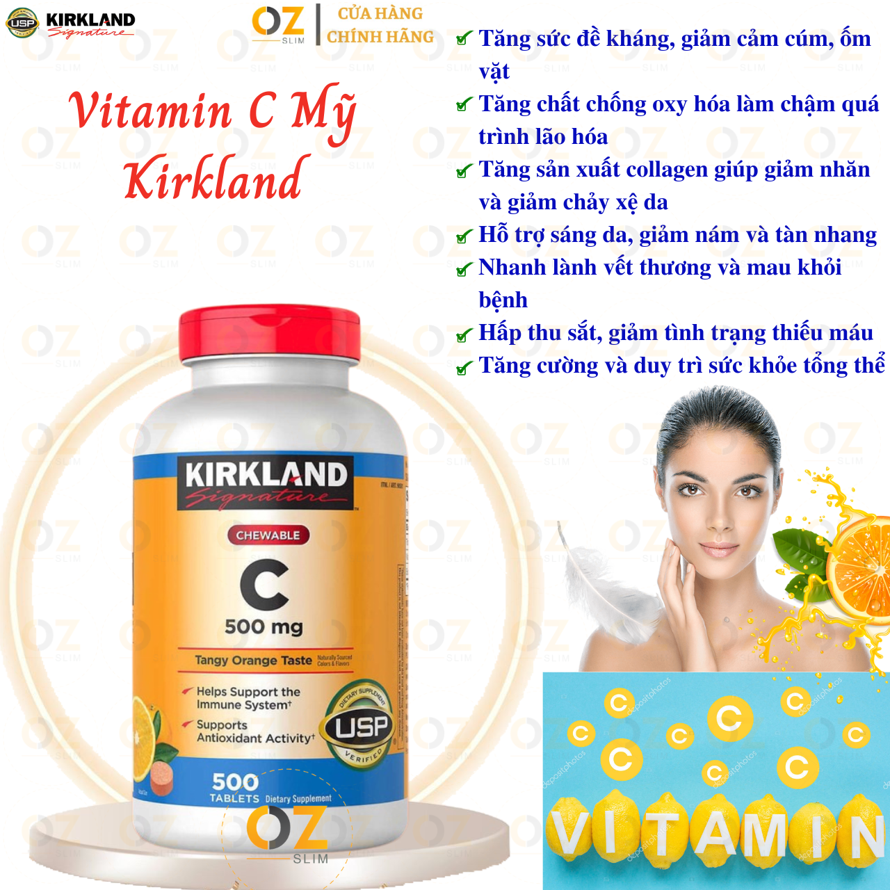 Vitamin C Kirkland Signature Mỹ tăng sức đề kháng, thức đẩy sẩn xuất collagen tự nhiên, sáng da, nhanh lành bệnh (bệnh) - OZ Slim Store