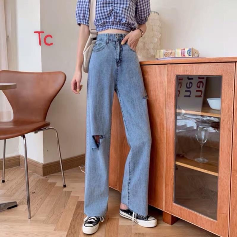 Quần Jeans Bò Nữ Ống Rộng Rách Hông &amp; Gối Sẻ Đôi
