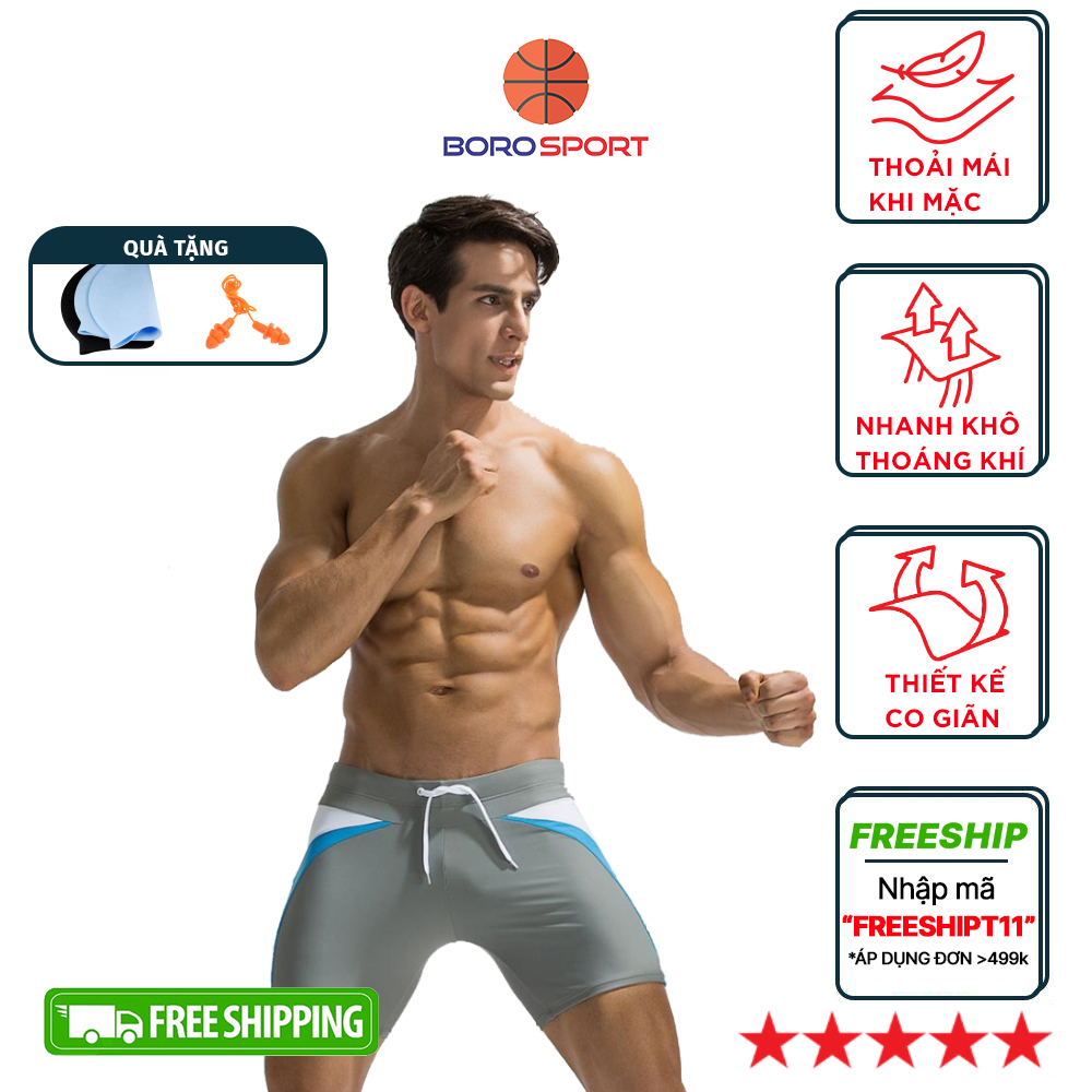 Quần Bơi Nam Boxer Yesure Deenyt Chất Liệu Superfine Polyester Cao Cấp , Chống Thấm , Nhanh Khô Form Fitness Thời Trang Tặng Kèm Nón Bơi Bịt Tai Silicon - Hàng Chính Hãng - Xám - L