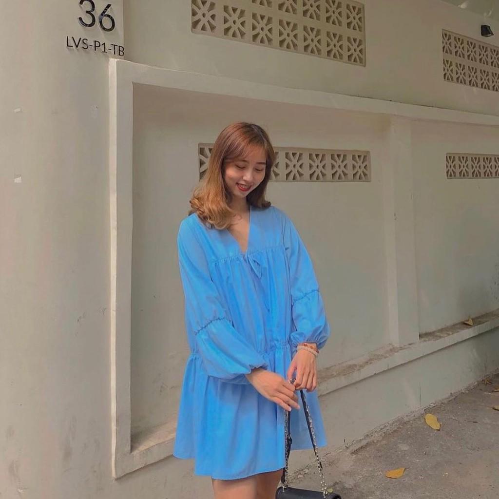 Đầm Babydoll Xanh Cổ V Thắt Nơ Xếp Ly Thân - Hậu Nguyễn Store