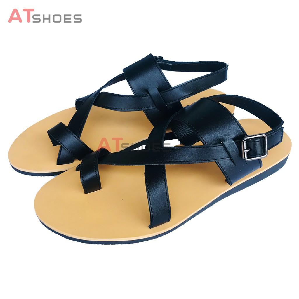 Dép Sandal Unisex cc Da Bò Thật Sandal xỏ ngón nam nữ chuẩn kiểu HQ Trẻ Trung - XDxn203(Đen- đế vàng)