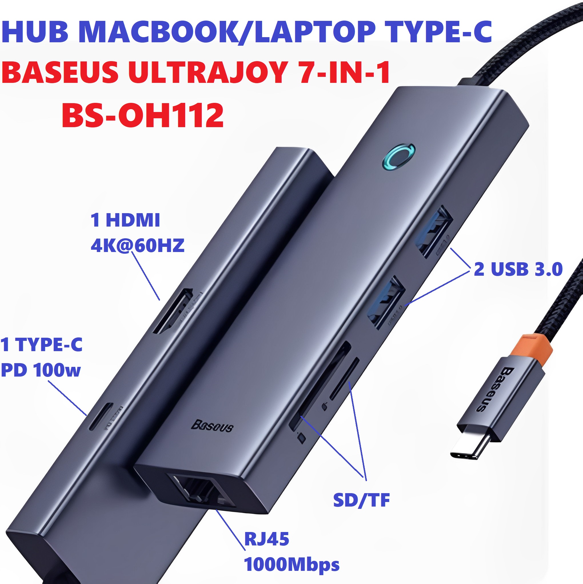 Hub C đa năng mở rộng cổng Macbook và laptop type C ra 7 cổng Baseus Flite docking station BS-OH112 _ Hàng chính hãng