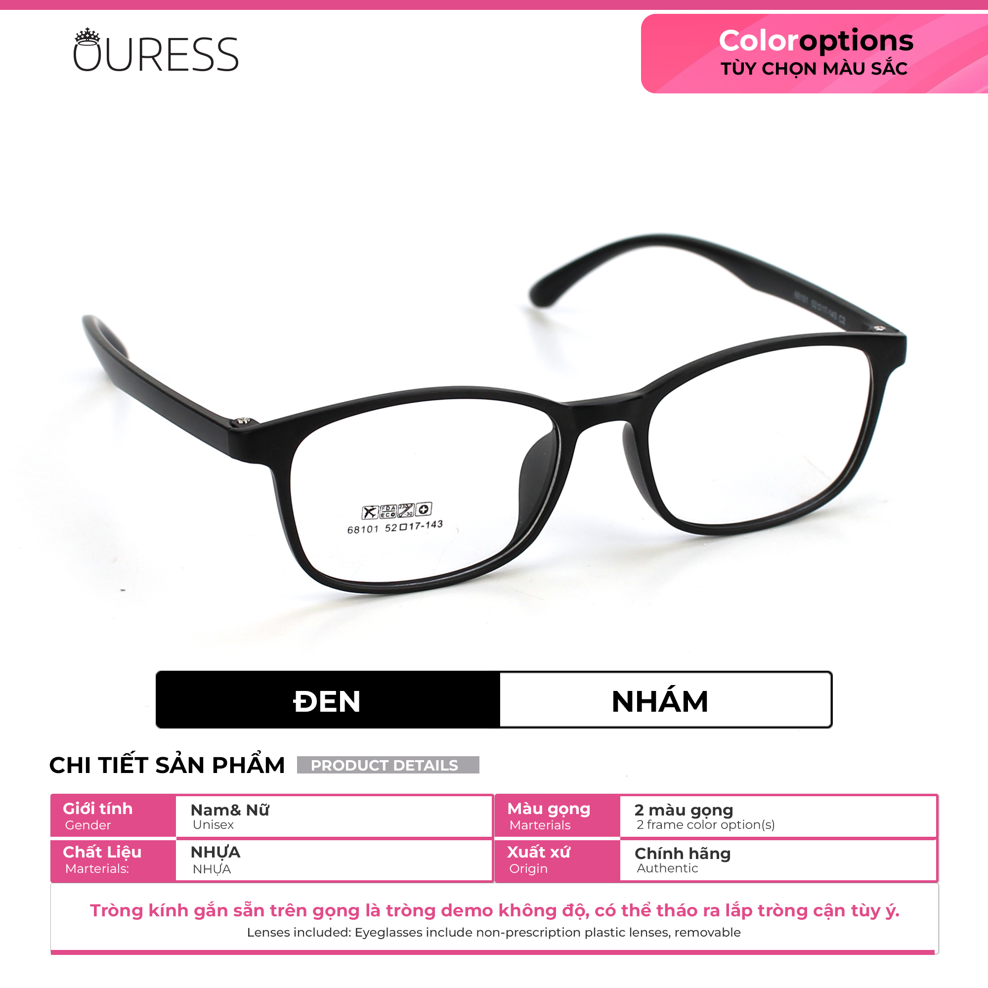 Gọng kính nhựa 68101 thời trang nam nữ siêu nhẹ siêu bền OURESS