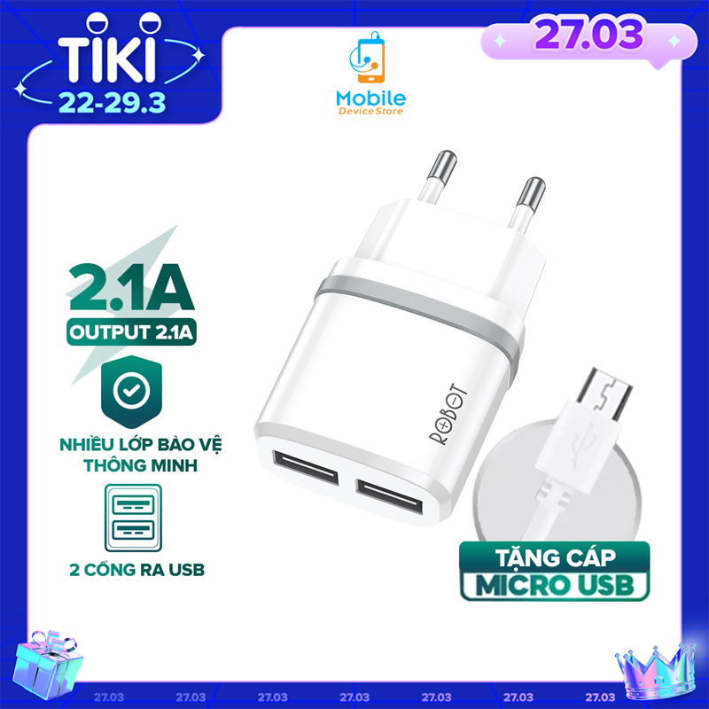 Cốc Sạc 2 Cổng USB ROBOT RT-K9 2.1A Kèm Cáp Micro 1m nhiều lớp bảo vệ, nhỏ gọn tiện lợi-hàng chính hãng