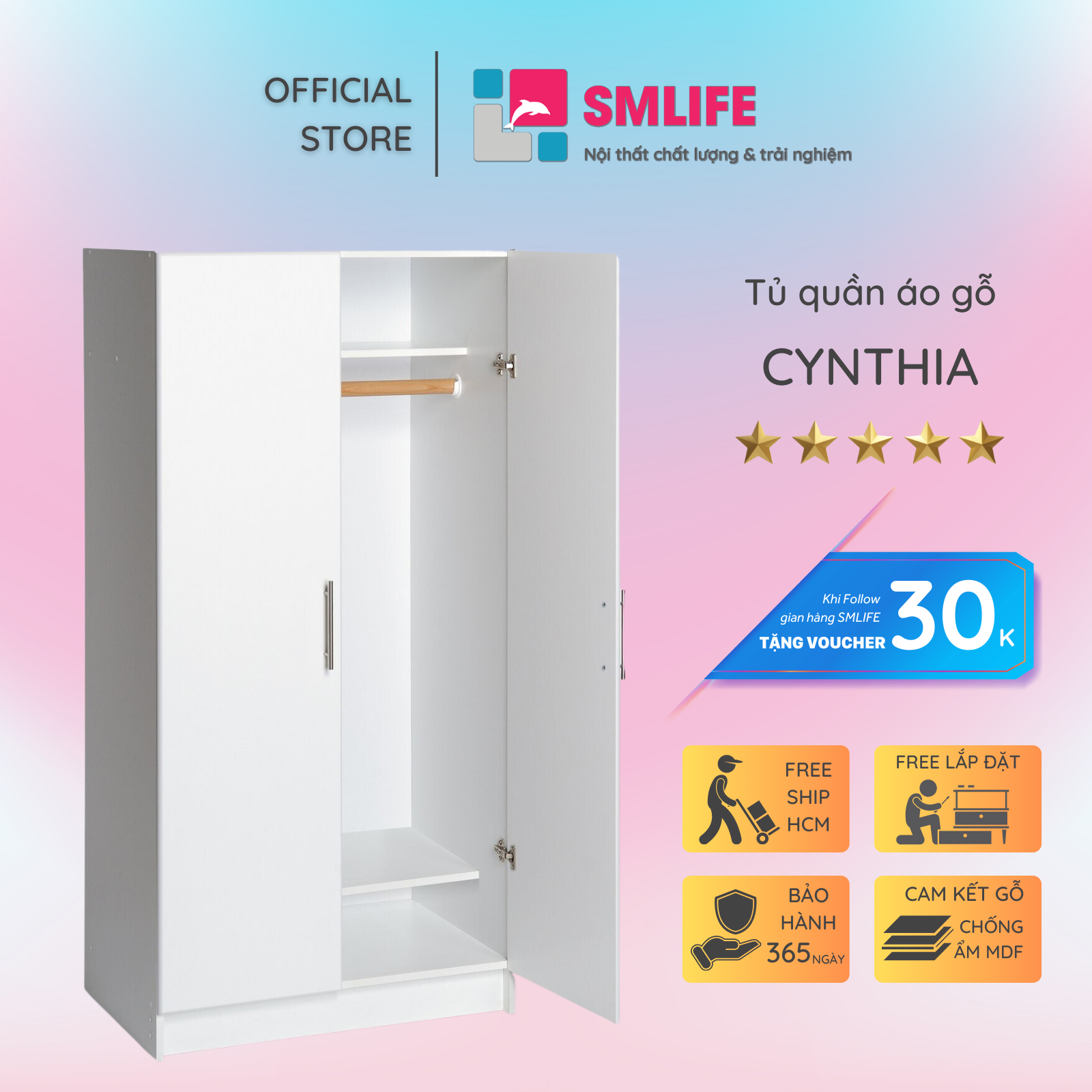 Tủ quần áo gỗ hiện đại SMLIFE Cynthia | Gỗ MDF dày 17mm chống ẩm | D80xR50xC165cm