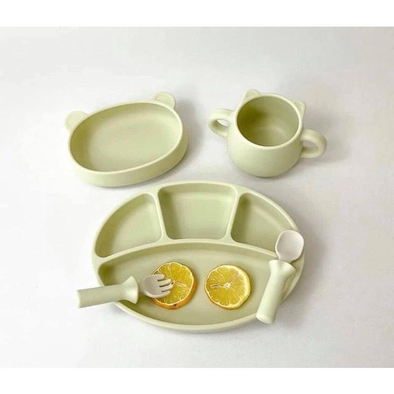 Bluemama set ăn dặm ( khay, cốc gấu, bát gấu, set thìa dĩa)