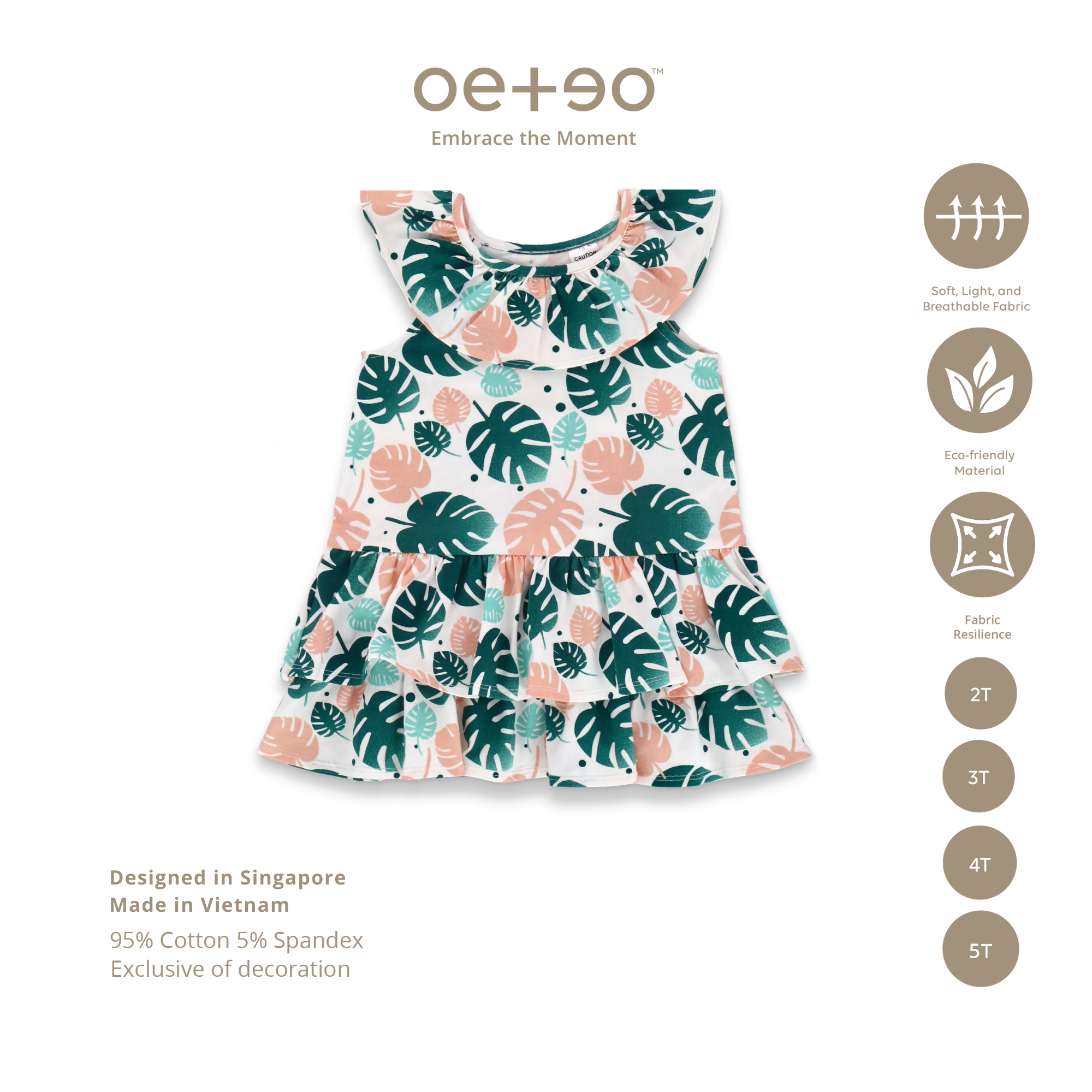 Váy tầng cộc tay bé gái 2 - 5 tuổi vải cotton in họa tiết lá cây TSTS-1417 - OETEO Tropical Land