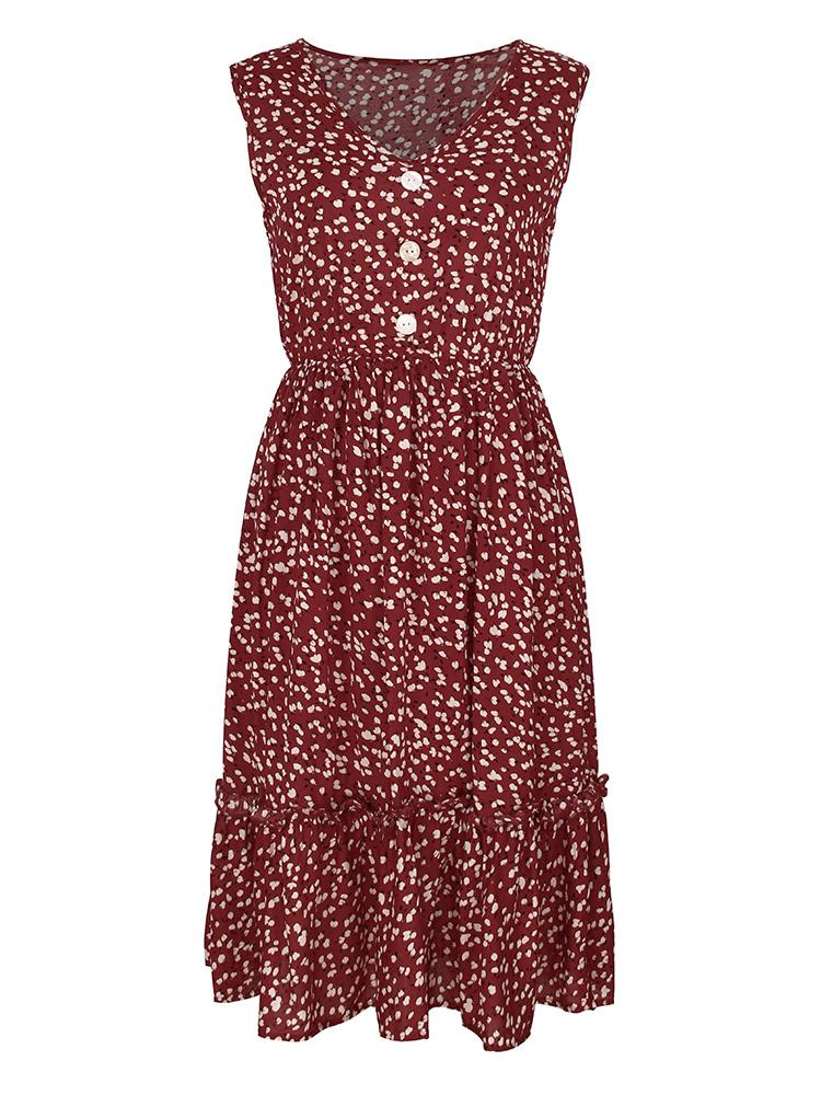 Fashion Women Summer Floral Print Dress V Neck Sleeveless Button High Waist Ruffles Bohemian Holiday Dress