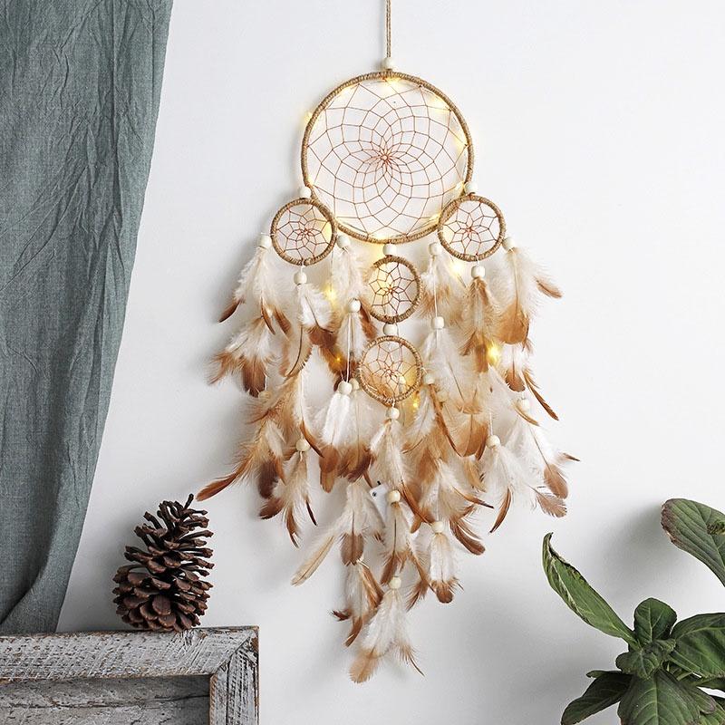 Dreamcatcher lông vũ gắn đèn, Đèn led trang trí phòng ngủ treo tường