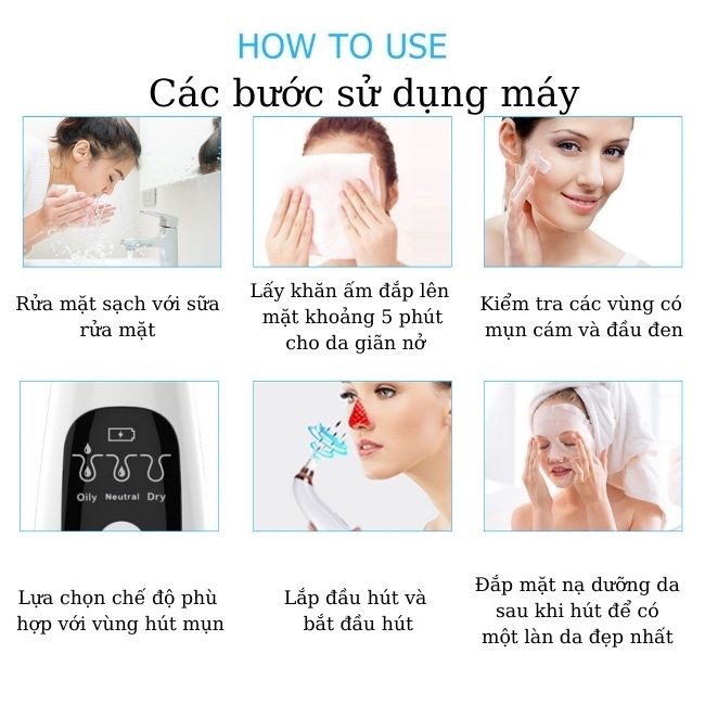 Máy hút mụn đầu đen - Dầu nhờn cầm tay mini - Nâng cơ làm mờ nếp nhăn - Kèm 6 đâu hút mụn và 3 chế độ có dây cáp sạc - L2130- Chính Hãng AmandaC Life