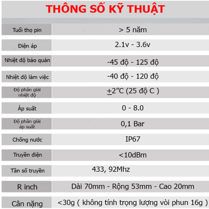 Cảm biến áp suất lốp gắn trong ô tô, xe hơi TN03N