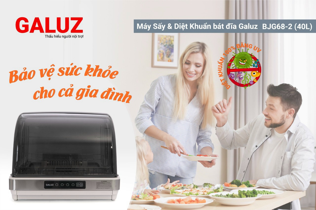 Máy sấy diệt khuẩn chén đĩa Galuz BJG 68-2, dung tích 42L, công suất 315W, giúp diệt trùng và khử khuẩn bằng tia UV, xếp được 10 bộ bát đĩa, hàng chính hãng