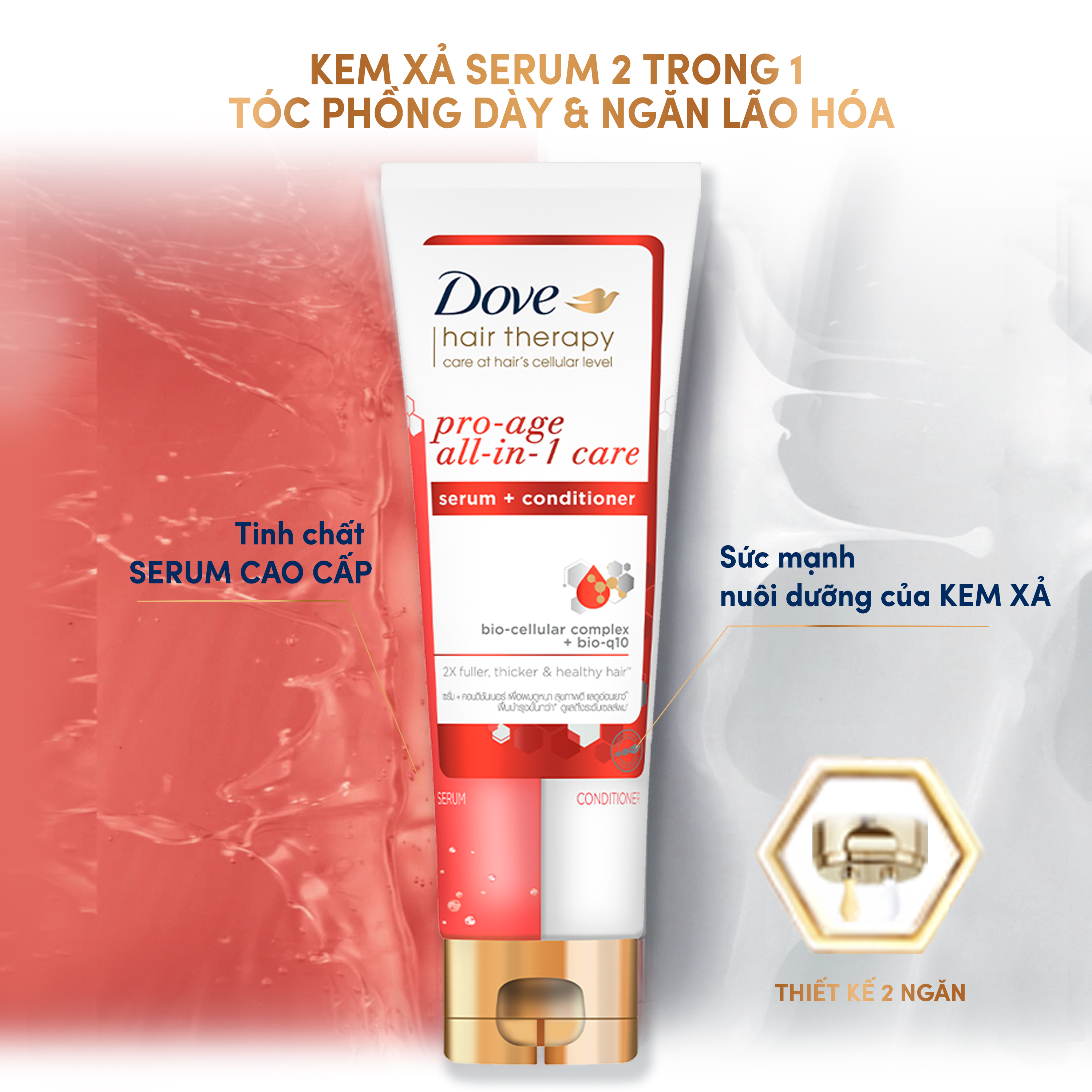 Combo Dầu gội và Kem Xả Serum 2 trong 1 Dove Pro-age Tóc phồng dày và Ngăn lão hóa 380ml, 230 ml