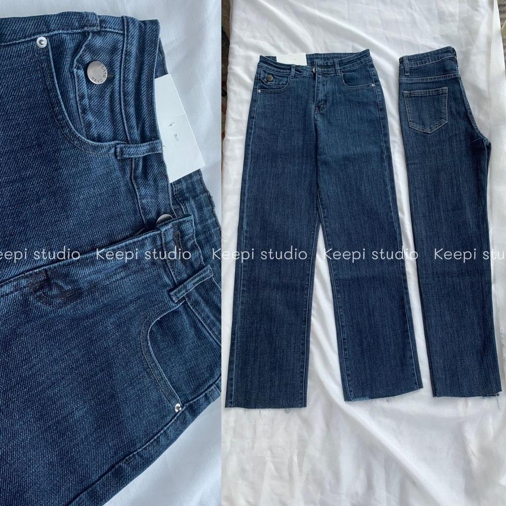 Quần Ống Đứng Cắt Gấu Xanh Đậm KEEPI Quần Jeans Nữ Lưng Cao