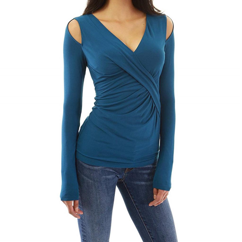 Ladies Sexy Deep V Neck Long Sleeves Wrap Top Stretchy Blouse Cold Shoulder