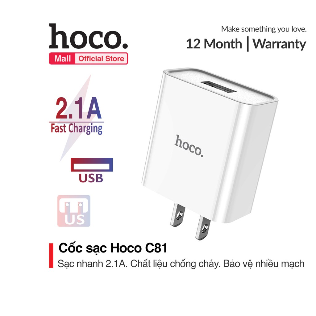 Củ Sạc Dành Cho Hoco C81, Sạc Nhanh 2.1A ,1 Cổng Sạc USB, Chất Liệu PVC An Toàn, Tương Thích Với Các Thiết Bị Kỹ Thuật Số - Hàng Chính Hãng