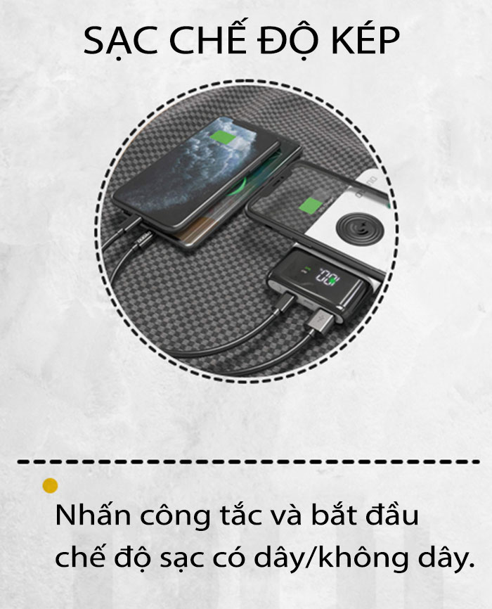 Pin dự phòng DUDAO 10000mah màn hình LCD, hỗ trơ sạc không dây 15W, Type C 20W, USB 22,5W-K13 Pro