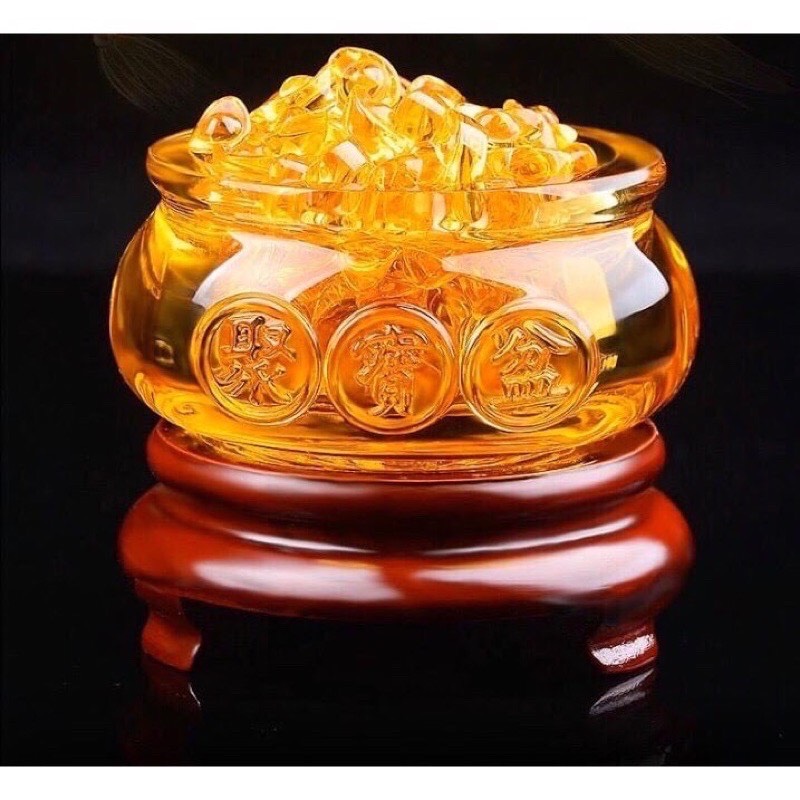 Bát Tụ Bảo Đá Lưu Ly 12cm - Kèm Thỏi Vàng và Đôn Kê Gỗ