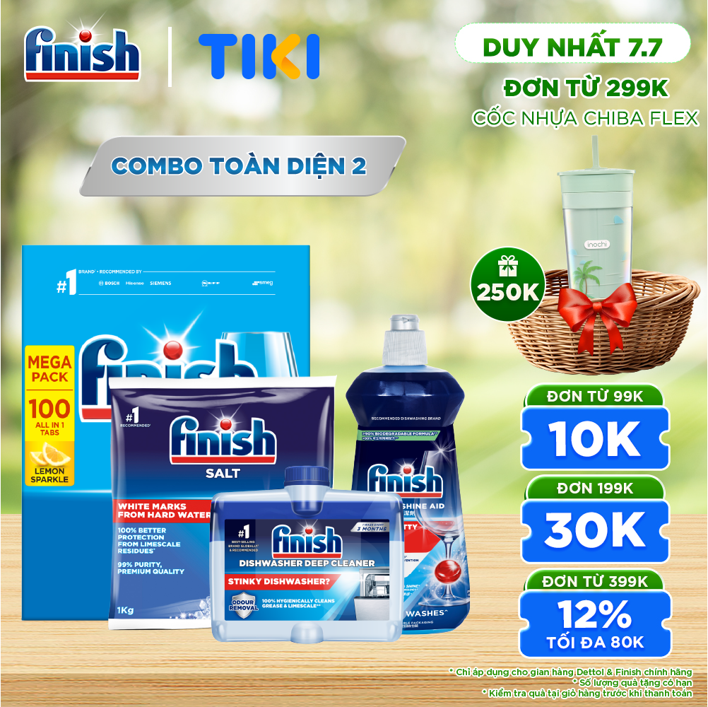 Combo Finish toàn diện 2: Hộp 100 Viên Rửa Bát Essential + Nước Làm Bóng Finish 500ml + Muối Rửa Chén Finish Salt túi 1kg + Dung dịch vệ sinh máy