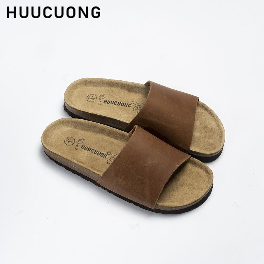 Dép Unisex HuuCuong 1 quai da bò nâu đế trấu handmade