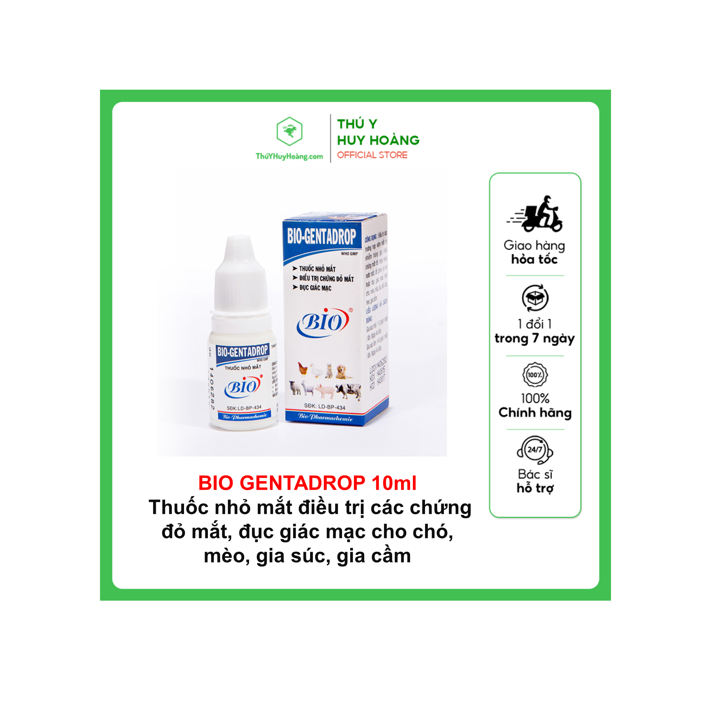 BIO GENTADROP 10ml Thuốc nhỏ mắt các chứng đỏ mắt, đục giác mạc dành cho chó mèo chim gà vịt heo trâu bò