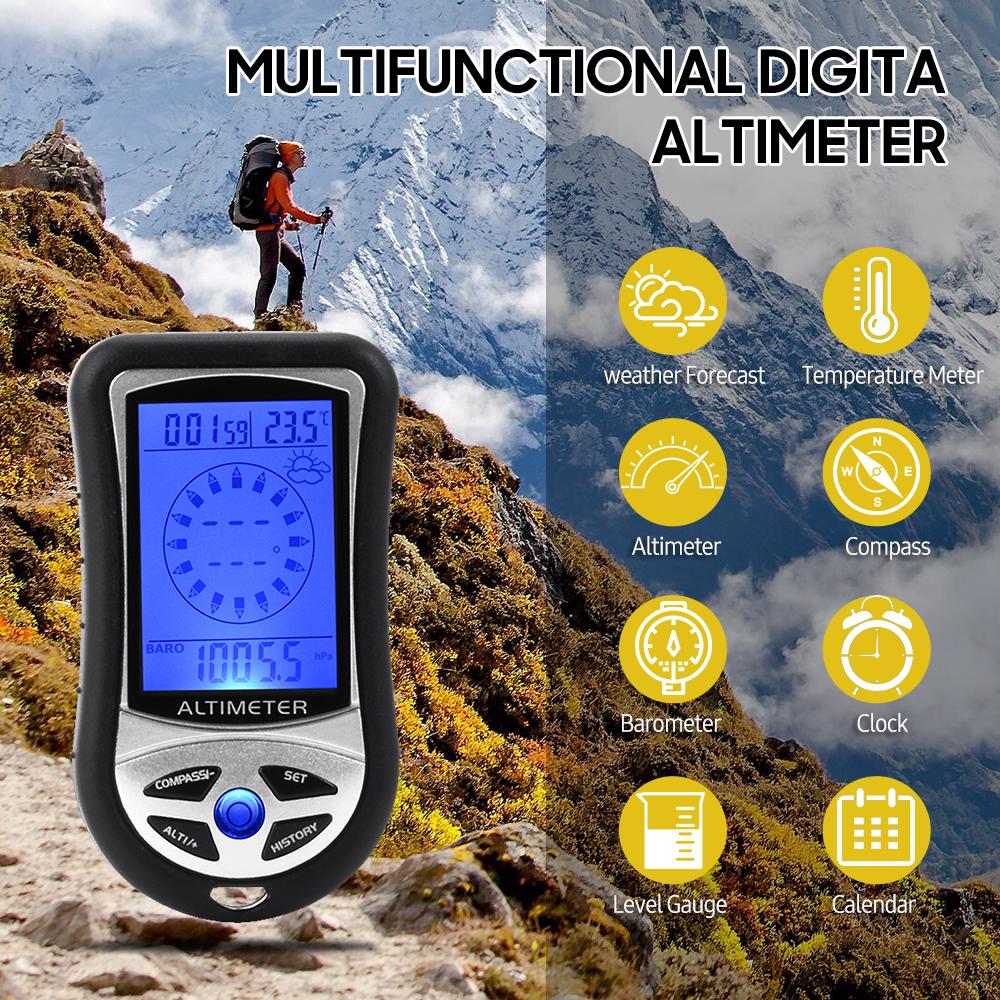 8-in-1 Multifunctional Electronic Altimeter Barometer LCD Digital Compass Thermometer Portable Handheld Height Gauge Weather Forecast Barometric Pressure Tester Air Gauge