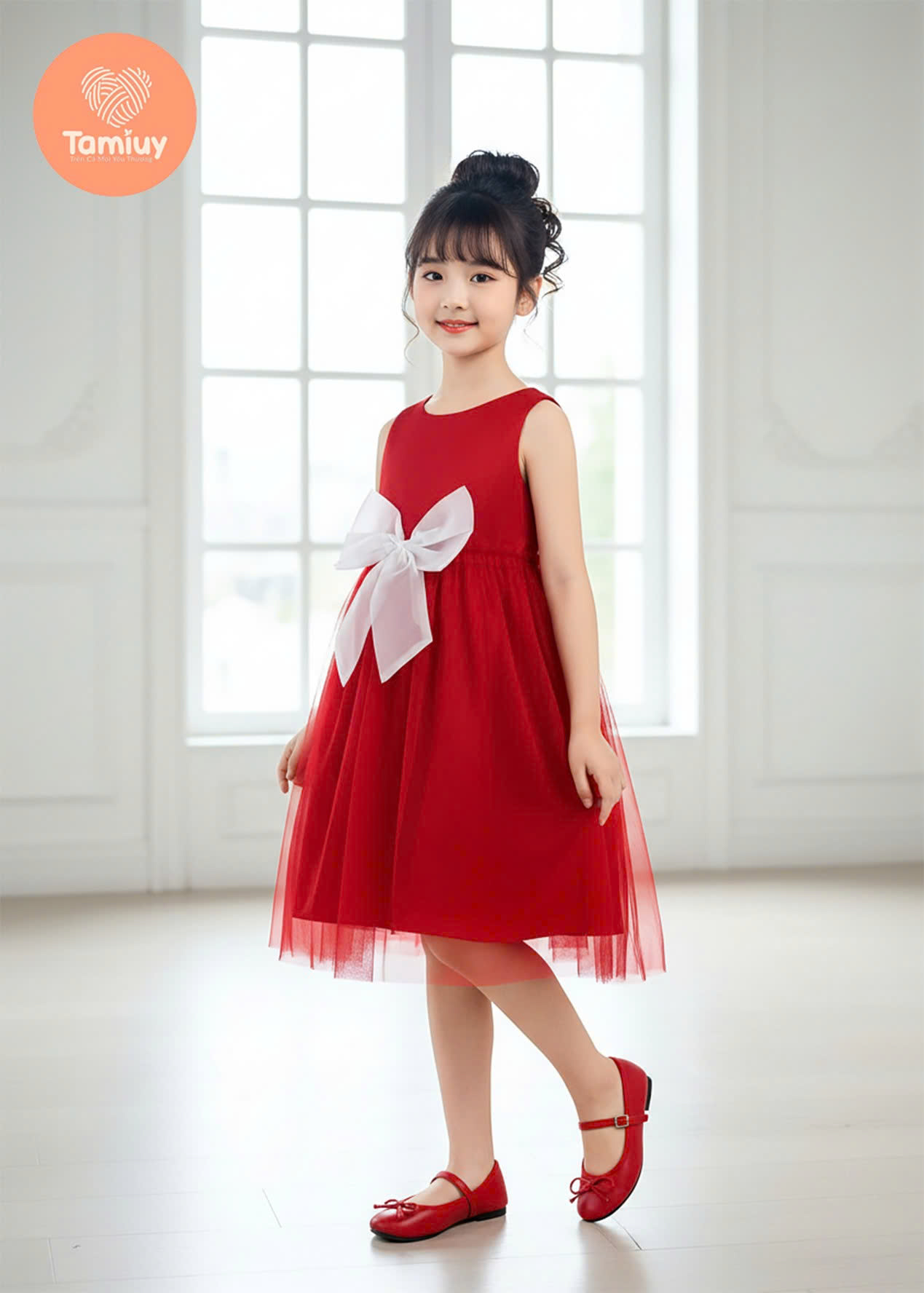 Đầm Bé Gái Công Chúa Đỏ Phối Nơ Lớn TAMIUY – Váy Bé Gái Lưới Xòe Dự Tiệc, Sinh Nhật Size 2-12