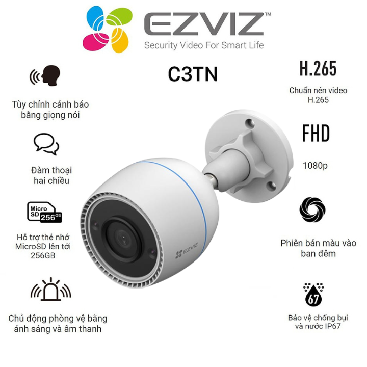 Camera IP Wifi Ngoài Trời Sothing EZVIZ C3TN 2.0 MP Color, Xem Đêm Có Màu, Chống Nước, Đàm Thoại 2 Chiều, Báo Động Thông Minh AI- Hàng Chính Hãng