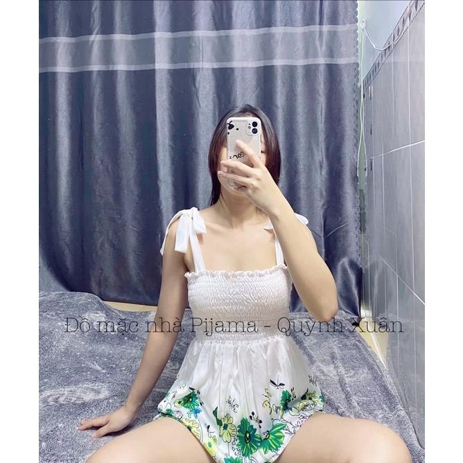Đồ Ngủ Dây Cột Nơ Sexy Hoạ Tiết Hoa Nhúng Bèo Ngực