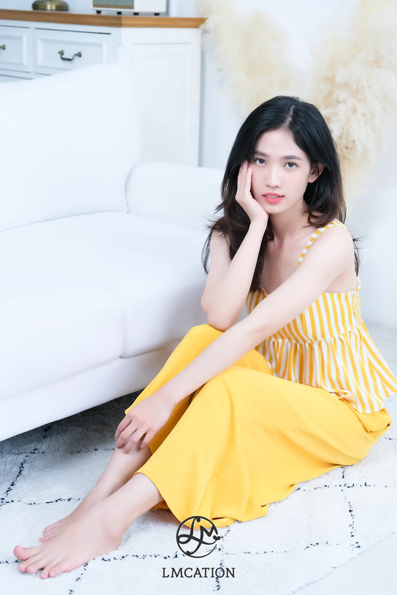 Đồ Bộ Mặc Nhà LMcation - Áo dây Clara màu sọc vàng &amp;  Quần váy dài Mila màu vàng