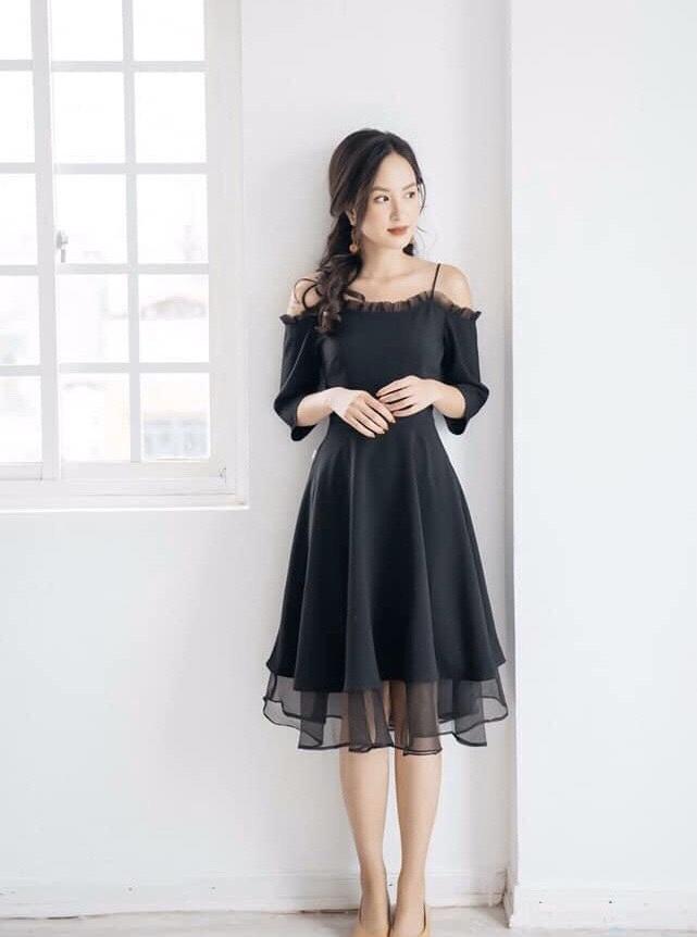 Đầm Nữ Dáng Xoè Pha Viền Ren Trể Vai Xoè Tùng 2 Lớp