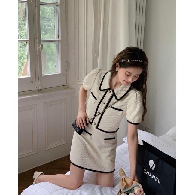 SET ÁO DẠ XỐP CỔ SEN VIỀN ĐEN + CHÂN VÁY TRẮNG