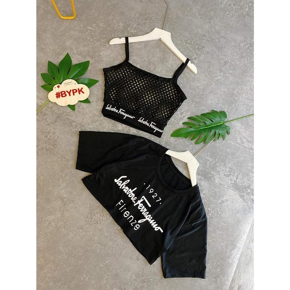 SET ÁO THUN CROPTOP KÈM BRA LƯỚI FORM RỘNG TAY LỠ - ÁO NHÓM CROP NGẮN TAY - Áo đen bra đen