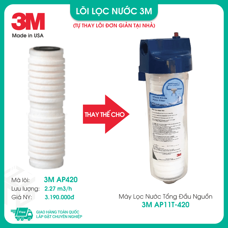 [MIỄN PHÍ LẮP ĐẶT] Máy Lọc Nước Tổng Đầu Nguồn 3M AP904, 3M AP102T-420 , 3M AP11T-420 - Công suất lớn, 10in 20in, Không điện-nước thải, Có bán lõi thay thế (3M AP420, 3M AP917HD-S) - Hàng Chính Hãng 3M