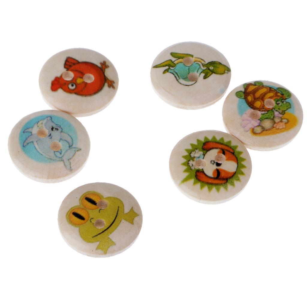 100 Pieces Animals Printed Round 2 Holes Wooden Buttons for Sewing DIY Craft 15mm