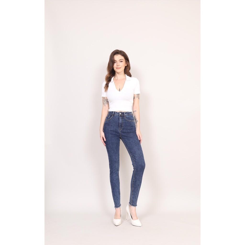 Quần Jean Nữ Skinny xanh đá Cạp Cao co giãn Gấu Tua Rua CT JEANS