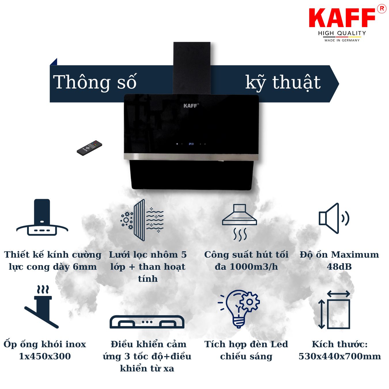 Máy hút mùi kính phẳng dạng TV cảm ứng _ điều khiển từ xa 900mm KAFF KF_LUX_AT90FH_BK Tặng bộ lọc than thay thế _ Hàng Chính Hãng