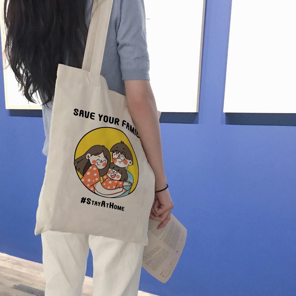 Hình ảnh Túi Tote Vải Canvas Stay At Home Có Khóa Miệng Túi