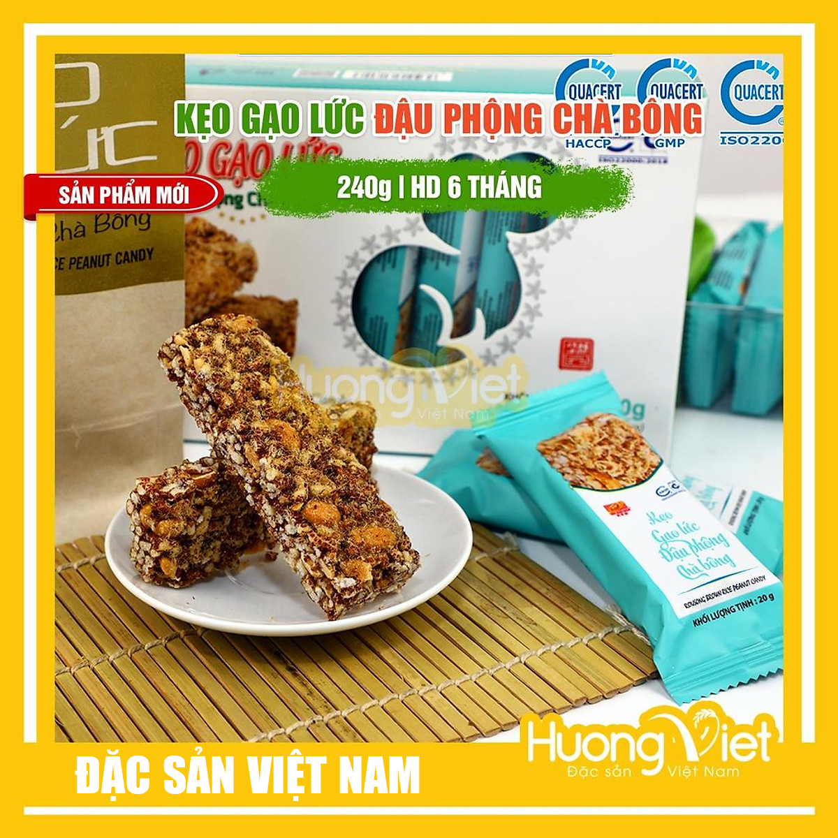 Thanh gạo lứt chà bông Tân Huê Viên 240g, kẹo gạo lức đậu phộng chà bông (12 thanh x 20g)