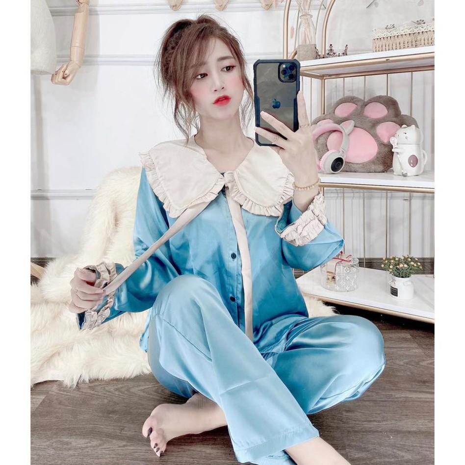 Freeship Đồ Bộ Pijama - Bộ Lụa Tay Dài Tiểu Thư Cổ Nơ