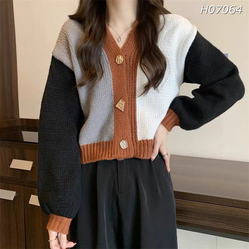 Áo len nữ trơn QCCC,khoác Cardigan mỏng nút cổ V,tay dài,phối màu cưng xỉu