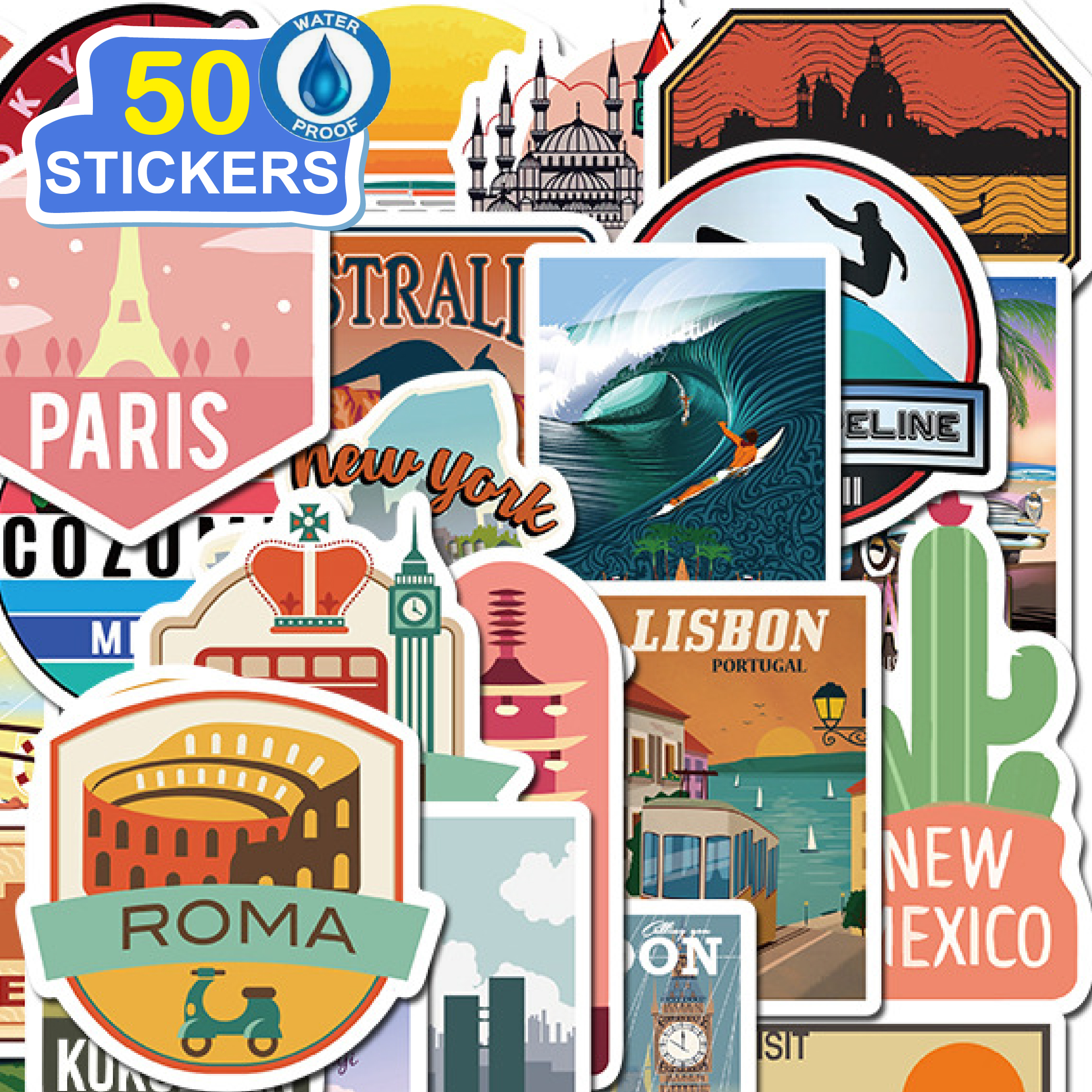 50 Stickers Vintage Travel Label trang trí laptop, điện thoại, ipad, cốc nước, sổ tay, vali du lịch, scooter, ván trược - Chống thấm nước - FiDi