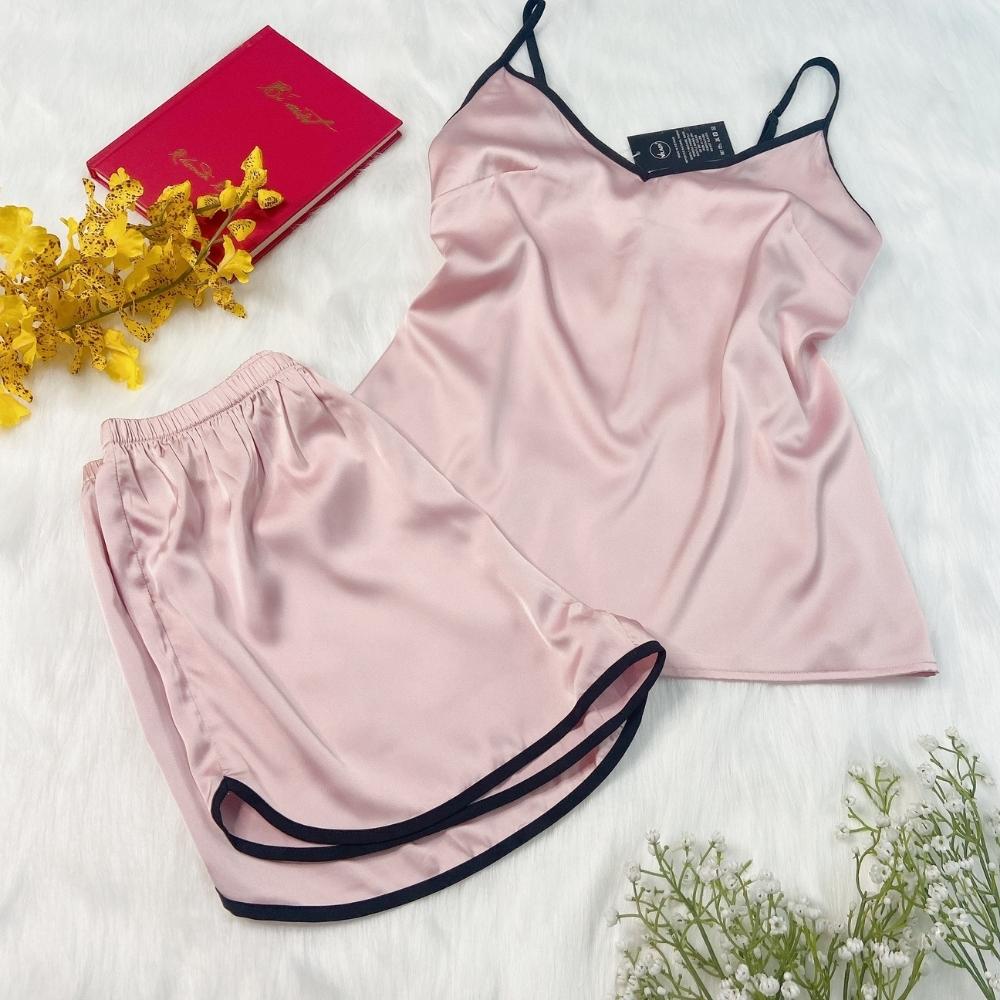 Đồ ngủ nữ 2 dây mặc nhà dễ thương VILADY - B122 kiểu áo hai dây quần cộc màu hồng ruốc, chất liệu Lụa Pháp (lụa latin) mềm mát